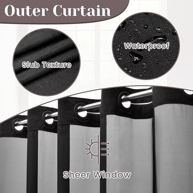 No Hook Slub Textured Shower Curtain with Snap in Liner - Black Fabric Outer Curtain & Waterproof Inner Liner, Hotel Style with See Through Top Window, 71x80 in