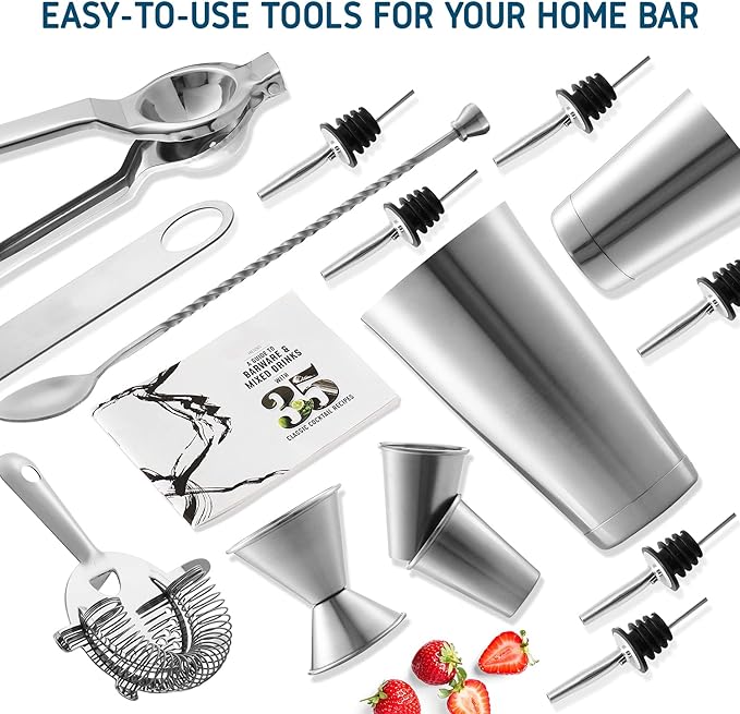 Bar Set Cocktail Shaker Set, Stainless Steel Mixology Bartender Kit, 16 Piece Cocktail Kit, Silver Cocktail Set, Bar Tools: 30oz Martini Shaker, Muddler, Bar Kit Cocktail Book, Jigger and Pourers