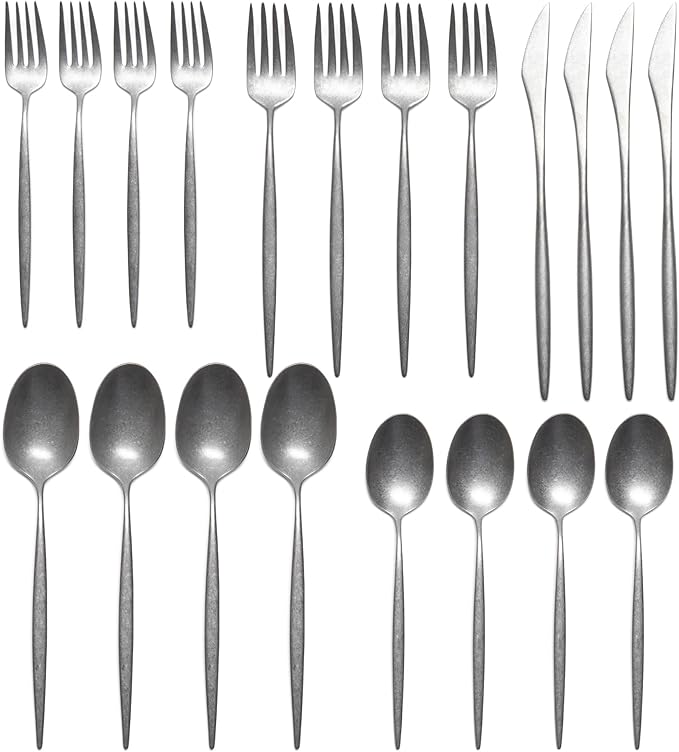 Luxury Vintage Flatware 20-Piece Set – Service for 4, Premium Stainless Steel with Weighted Handles, Aged Heirloom Finish, Dishwasher Safe, Elegant and Modern Cutlery (Vintage Silver)