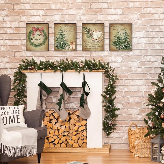 ETVISO Vintage Christmas Wall Art Prints Set of 4, Retro Christmas Trees Garland Poster, Winter Holidays Gift Print Decor for Gallery, Living Room, Bathroom, 8x10 (Unframed)