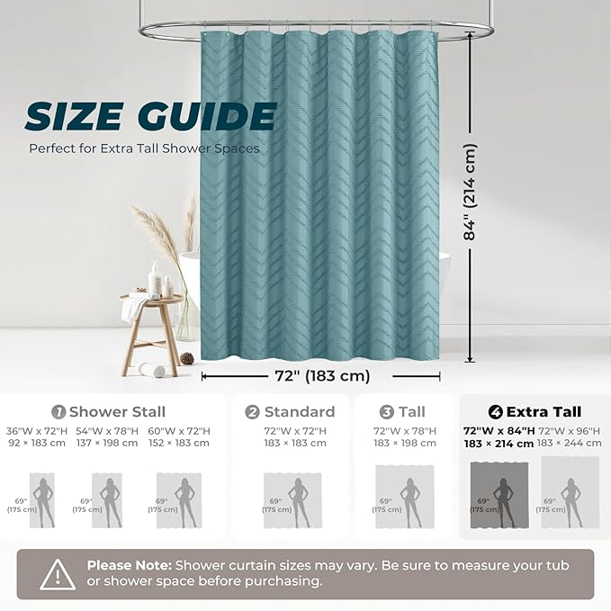 84inches Extra Long Teal Shower Curtain Boho Farmhouse Shower Curtain 72 x 84 Tufted Chevron Textured Minimalist Shower Curtains for Bathroom