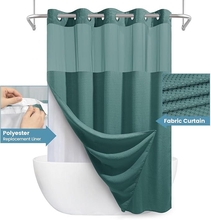 Seaweed Green Long No Hook Shower Curtain with Snap in Liner,230GSM Waffle Weave Shower Curtains for Bathroom,71W x 86H