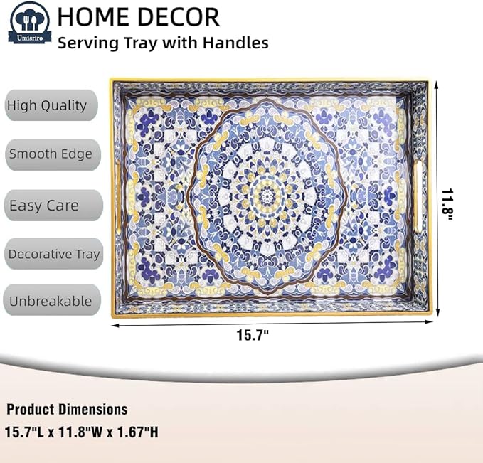 Blue Decorative Tray, Serving Tray with Handles, Plastic Large Tray for Coffee Table, Living Room, Decor, 15.7”*11.8”*1.6"