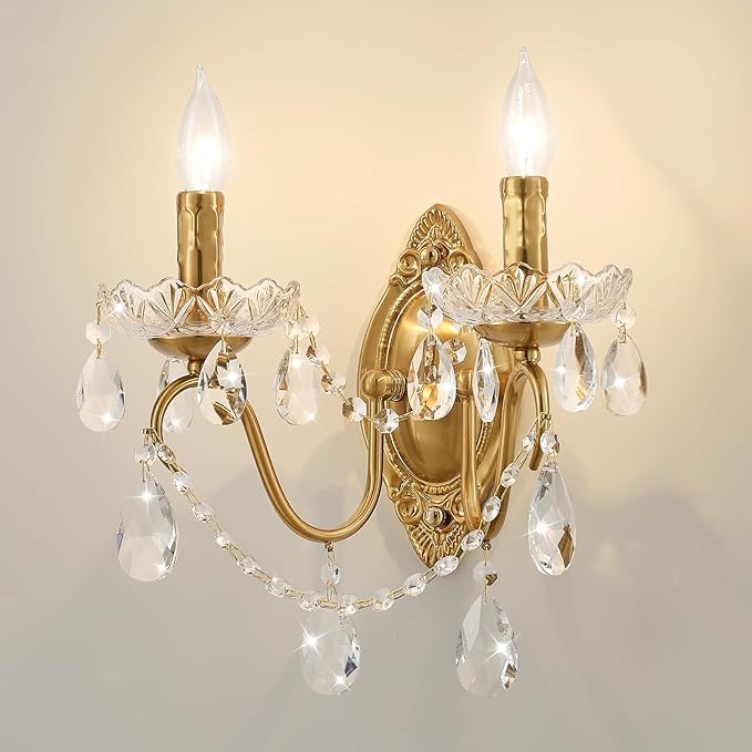 Crystal Wall Sconce Set of 2, Crystal Wall sconces, Vintage Wall sconces, Gold Brass Finish with Glass Drops, for Bedroom Living Room Bathroom Vanity Mirror Light Fixtures