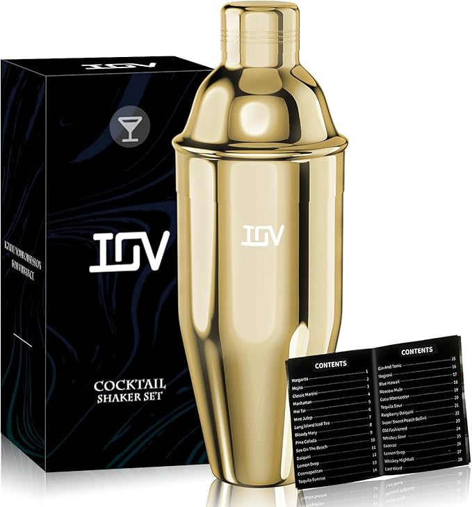 IOV Cocktail Shaker, 24 oz Martini Shaker, Drink Mixer with Built-in Strainer, Professional Stainless Steel Margarita Alcohol Shaker with Cocktail Recipe Guide, Bartender Kit Gifts, Gold