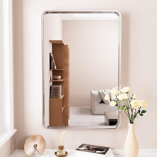 24x36 Inch Brushed Nickel Bathroom Mirror, Brushed Silver Metal Frame Mirror Wall Mounted, Rounded Rectangle Bathroom Vanity Mirror, Tempered Glass, Anti-Rust, Horizontal/Vertical