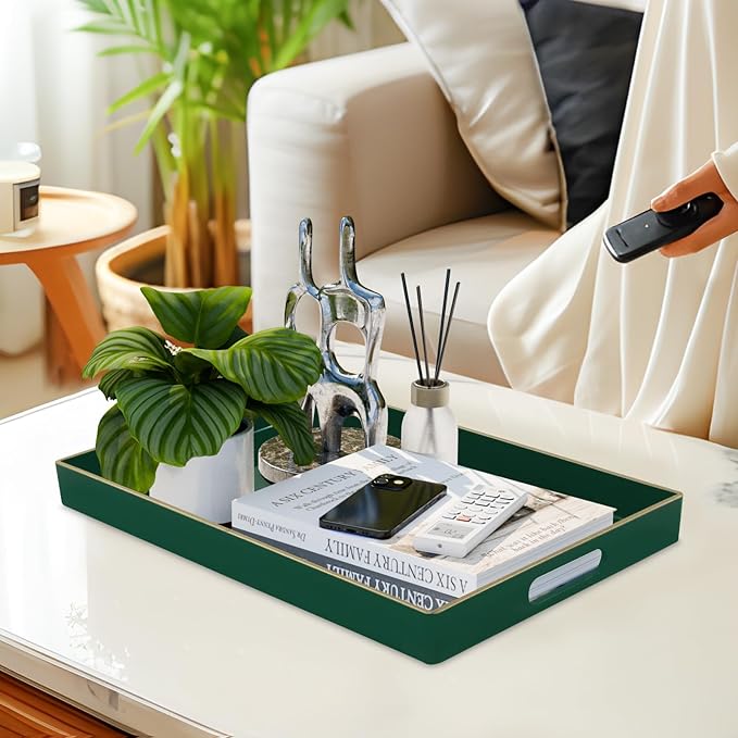 MAONAME Dark Green Decorative Tray, Serving Tray with Handles, Plastic Trays for Coffee Table, Rectangular Trays for Living Room, Bedroom, 15.8" X 10.2" X 1.4"