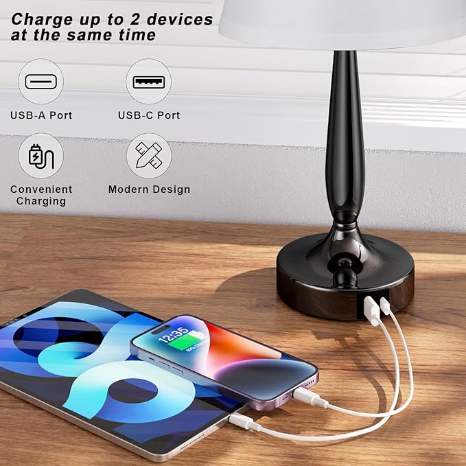 Kakanuo Touch Bedside Lamp for Bedroom with USB C Port, Small Touch Table Lamp with 2 USB Charging Ports, 3 Way Dimmable Nightstand Lamp for Living Room and Office - White (LED Bulb Included)