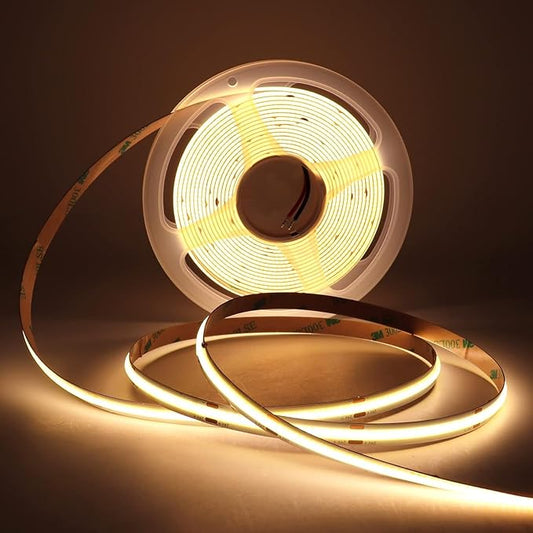 12V Flexible COB LED Strip Light Tape 3000K Warm White Color, 480LEDs/m 16.4FT/5M CRI>90, High Bright Ribbon Light for House Kitchen Room Ceiling Decor (DC12V, Wihtout Power Supply)