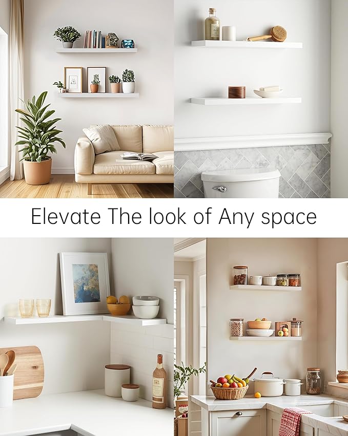 BAYKA Floating Shelves, 22.5 inch Rustic Wood Wall Mounted Shelves for Bathroom, Bedroom, Living Room, Kitchen & Office, Hanging Display Shelf with 22 lbs Capacity (White)