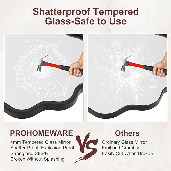 PROHOMEWARE Black Round Mirror 30 Inch Wavy Bathroom Vanity Mirror Black Frame Modern Wall Mirror Decorative Wall-Mounte Anti-Rust, Tempered Glass