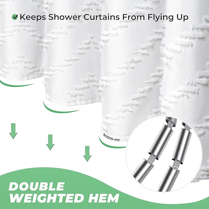 96inche Extra Long Shower Curtains 72 x 96 Inches White Tufted Chevron Striped Fabric Shower Curtains for Bathroom Modern Shabby Chic Waterproof Cloth Shower Curtain, White