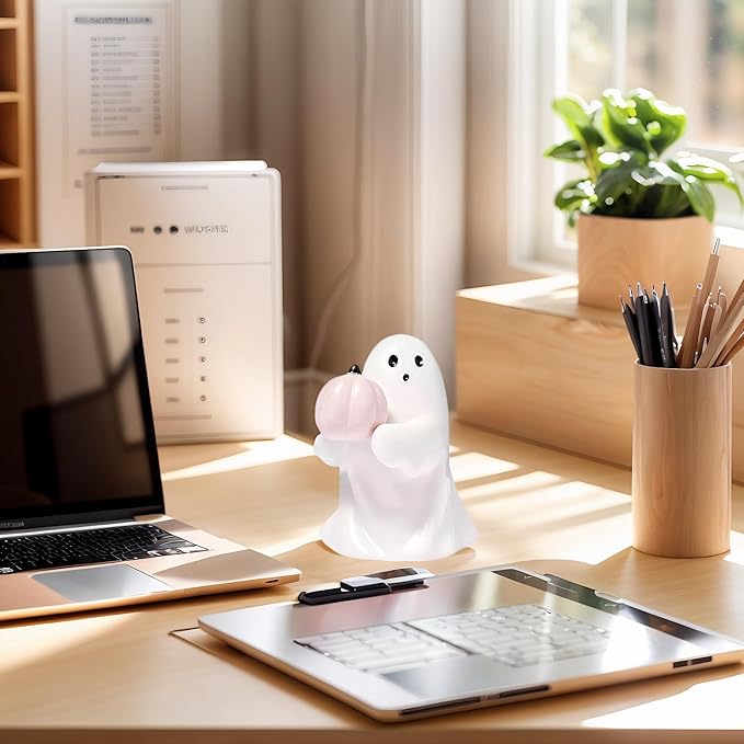 Halloween Cute Ghost Figurine with Pink Pumpkin– Resin Mini Statue, Romantic Shelf & Desk Decor, Halloween or Valentine’s Day Gift for Home, Office, and Friends