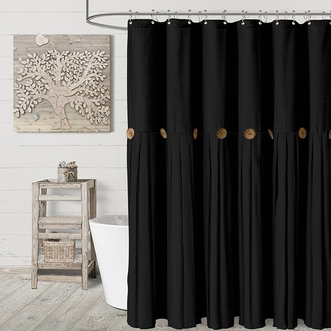 Awellife Farmhouse Black Shower Curtain Button Linen Textured Woven Fabric,Country Style 72" W x 72" L