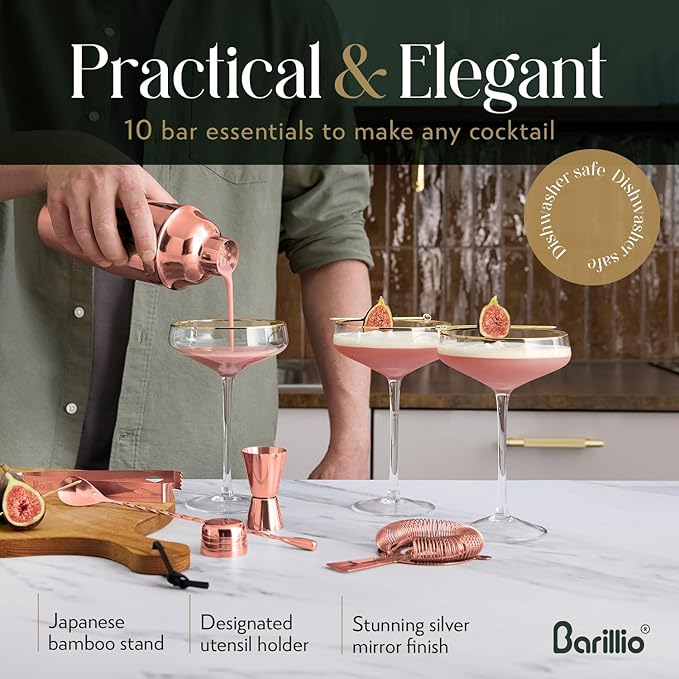 Barillio Rose Gold Bartender Kit - Stainless-Steel Cocktail Shaker Set w/Bamboo Stand - Mixology Bar Tools w/Shaker, Drink Mixer Spoon & Muddler for Cocktails - Home Bar Accessories - 10-Pc Bar Set