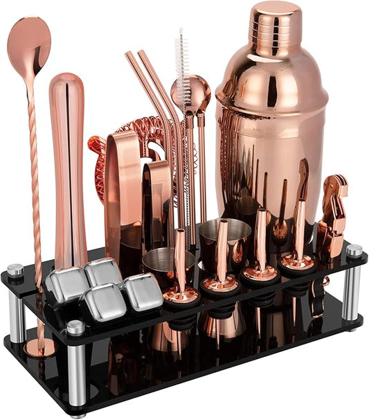 23 Piece Cocktail Shaker Set Bartender Kit with Acrylic Stand & Cocktail Recipes Booklet, Professional Bar Tools for Drink Mixing, Home, Bar, Party (Include 4 Whiskey Stones) - Gold Rose