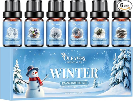 Winter Essential Oils Set, 6 Premium Holiday Fragrance Oil for Diffuser, Candle & Soap Making, Frozen Magic, Winter Wonderland, Hot Cocoa, Frosted Fir, Warm Sweater, Log Fire, Scented Oils for Home