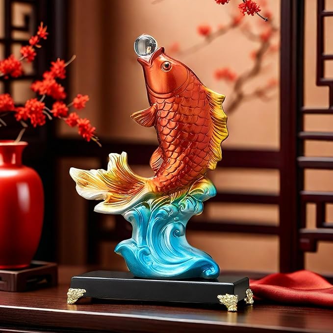 FUNSXBUG 13.3 Inch Large Chinese Feng Shui Fish Statue Sculpture Collectible Figurine Feng Shui Decor Home Office Decoration Tabletop Decor Ornaments Good Lucky Gifts (Red)