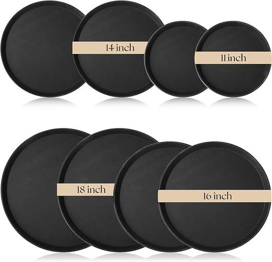 Zopeal 8 Pieces Black Round Restaurant Serving Tray, Plastic Non Slip Surface Food Meals Server Tray with Raised Edges for Home, Kitchen, Restaurant, Cafeteria, Bar (11",14",16",18")