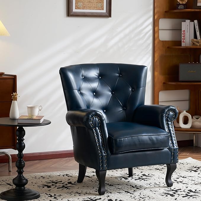 Modern Faux Leather Accent Chair, Upholstered Mid-Century Armchair with Solid Wood Legs, Single Sofa Chair for Living Room, Bedroom, or Reading Room（Navy）