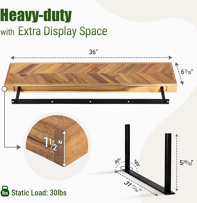 36" Acacia Chevron Floating Shelves Set of 2 - Wall Mounted Wooden Shelf for Stylish Home Décor - Natural Color - 36x6.7x1.5 Inches