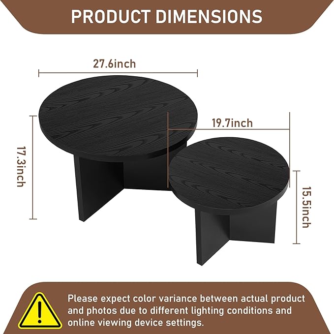 Round Nesting Coffee Tables Set of 2, Modern Stacking Table with Wood Grain Finish, End Table Side Tables for Living Room (Black)
