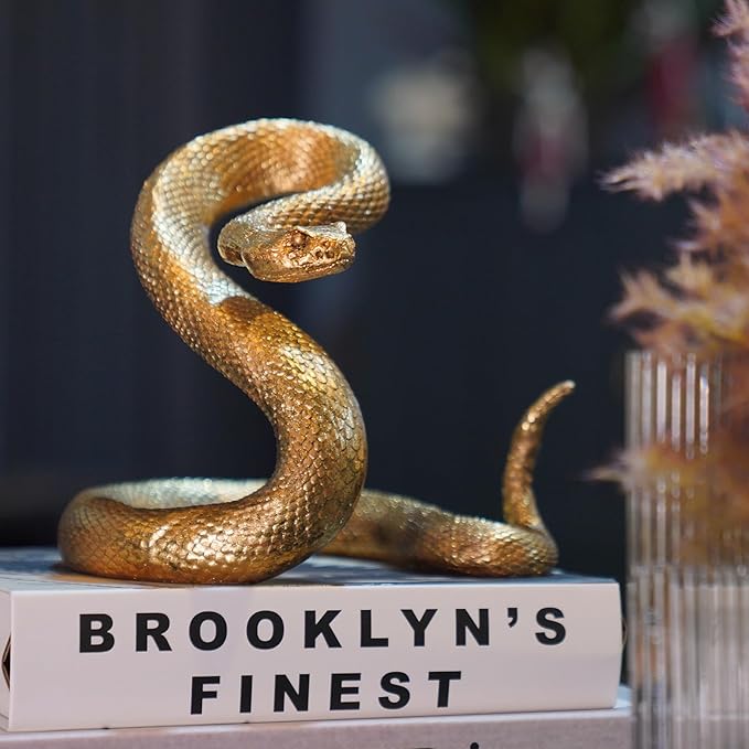 Guichifun Snake Statue Decor Collectible Figurines - Gold Resin Animal Chinese New Year Mascot Home Shelf Office Table Halloween Decoration 7.25 x 7.25 x 6.5 Inch