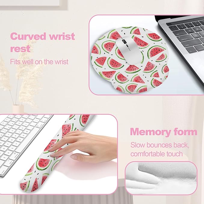 Summer Pink Watermelon Mouse Pad with Wrist Rest and Keyboard Wrist Rest Set, Non-Slip Rubber Base Memory Foam Mouse Pad Set for Women, Office Desk Accessories, Gaming