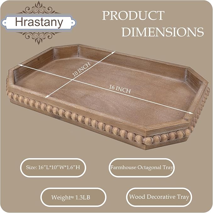 Wood Rustic Serving Tray with Beads, Farmhouse Brown Decorative Tray for Table Centerpiece, Christmas Wedding Halloween Home Decor