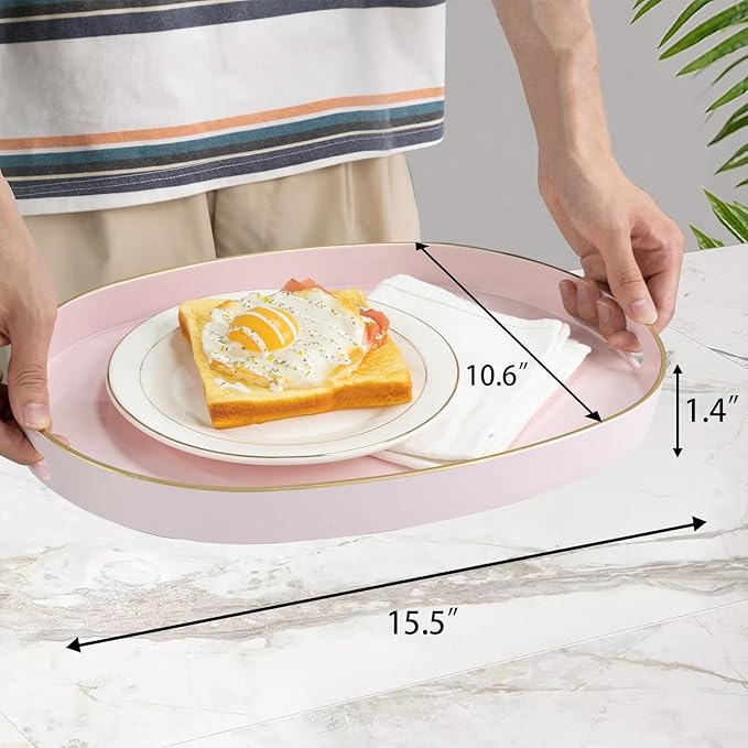 MAONAME Pink Decorative Tray, Oval Serving Tray with Handles, Plastic Tray for Coffee Table, Ottoman Tray for Living Room, Bathroom, 15.6" X 10.6" X 1.4"