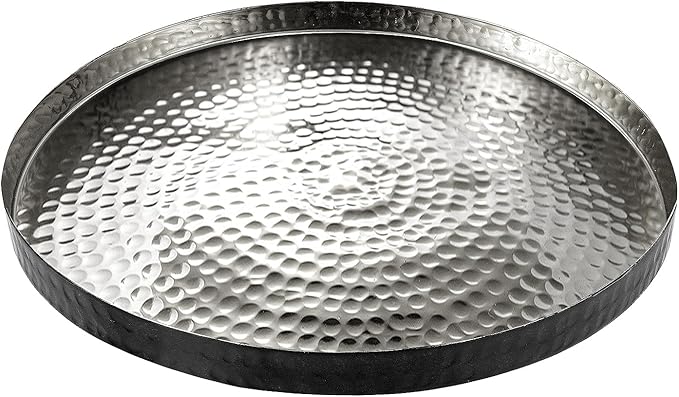 MyGift 12 Inch Round Decorative Platter, Silver Tone Plated Hammered Aluminum with Matte Black Accent Serving Plate, Centerpiece Base or Vanity Tray - Handcrafted in India