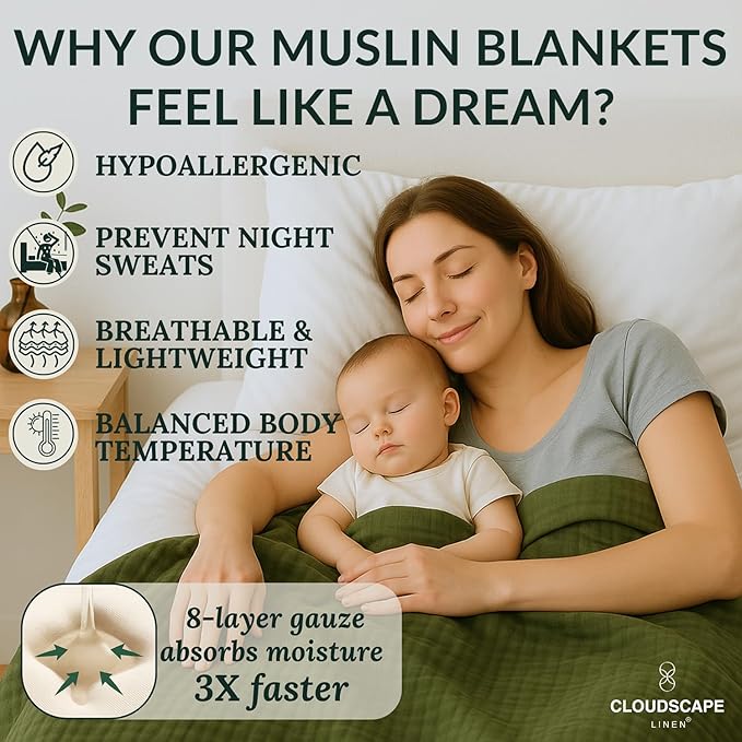 Cloud Scape Linen 100% Cotton 8 Layer Muslin Blanket Twin Size,Lightweight, Breathable Bed Blanket, Suitable for All Season, Cotton Gauze for Couch & Sofa, 68x92, Olive Green