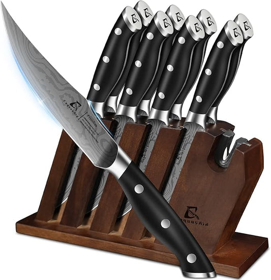 Steak Knives Set of 8 with Block Built-in Sharpener, 4.8 Inch Non Serrated Razor-Sharp Durable Dinner Knives, German Stainless Steel Damascus Pattern Full Tang Forged, Easy to Maintain