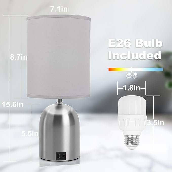 Bedside Table Lamp for Bedroom, 3 Way Dimmable Touch Small Desk Lamp for Office with USB Charging Port Lamps for Living Room, Bedroom, Reading Room, Office, Grey/Sliver, Silver