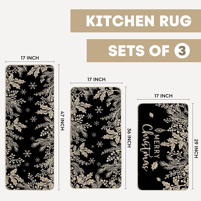 Artoid Mode Black Holly Pine Branches Merry Christmas Kitchen Mats Set of 2, Winter Decor Low-Profile Kitchen Rugs for Floor - 17"x29"+17"x36"+17"x47"
