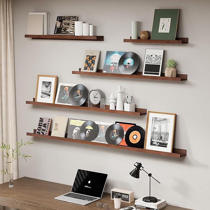 SAUMONIERES Picture Ledge Shelf Floating Book Shelves Set of 2 Wall Mounted Solid Wood for Bedroom Bathroom Living Room Kitchen, 48 Inch Walnut