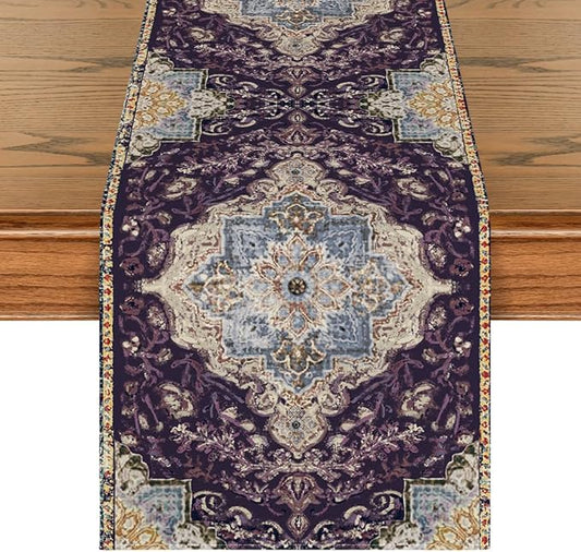 Artoid Mode Boho Bohemia Style Purple Table Runner, Country Rustic Farmhouse Magical Mardi Gras Kitchen Dining Table Decoration for Home Party Decor 13x72 Inch