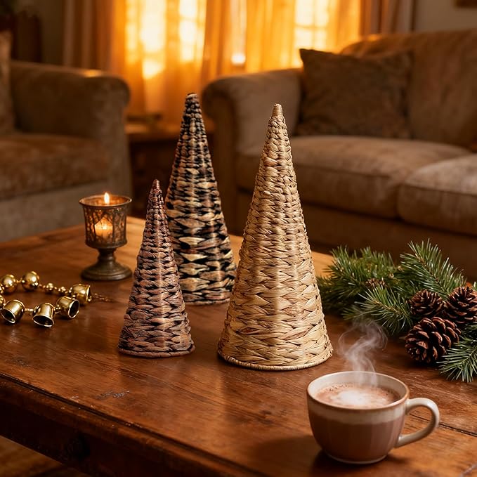 3pcs Woven Water Hyacinth Christmas Trees Decor, Artificial Christmas Tree Decorations for Home Party Table Village Craft Indoor Outdoor Vintage Christmas Decor(Natural+Black+Brown)