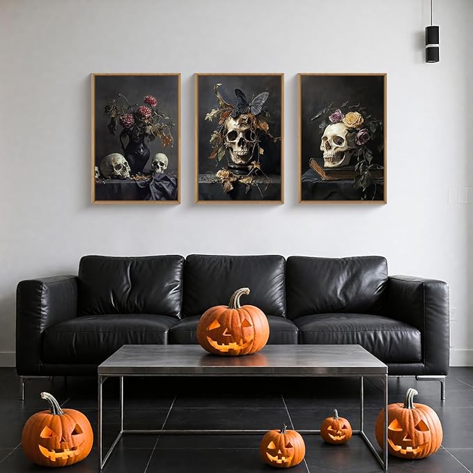 Large Vintage Skull Halloween Floral Framed Canvas Wall Art Set, Abstract Skeleton Butterfly Wall Decor,Moody Dark Rose Artwork for Living Room,Bedroom,Dining Room,Office -16"x24"x3
