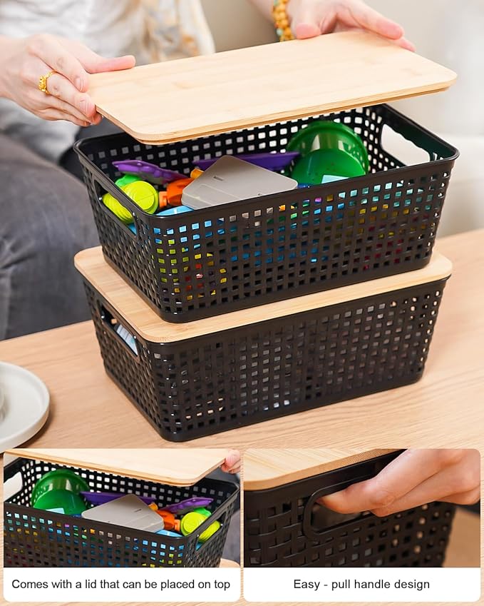 Storage Bins with Lids 10 Packs, Plastic Storage Bins with Bamboo Lids for Pantry Organization and Storage Containers for Shelves Drawers Desktop Closet Playroom Classroom Office Home, Black