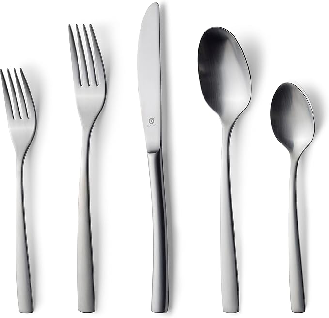 Matte Silverware Set, 18/10 Stainless Steel Satin Flatware, Modern Brushed Finish Cutlery, Dishwasher Safe & Durable, Built to Last (60-Piece, Sleek)