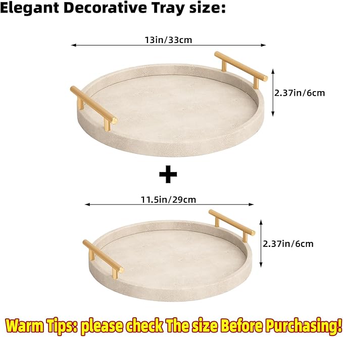 Modern Shagreen Tray, Round Serving Tray with Gold Polished Metal Handles, Decorative Trays Coffee Table Ottoman Trays for Living Room Bathroom Home Decor, Set of 2 (Ivory)