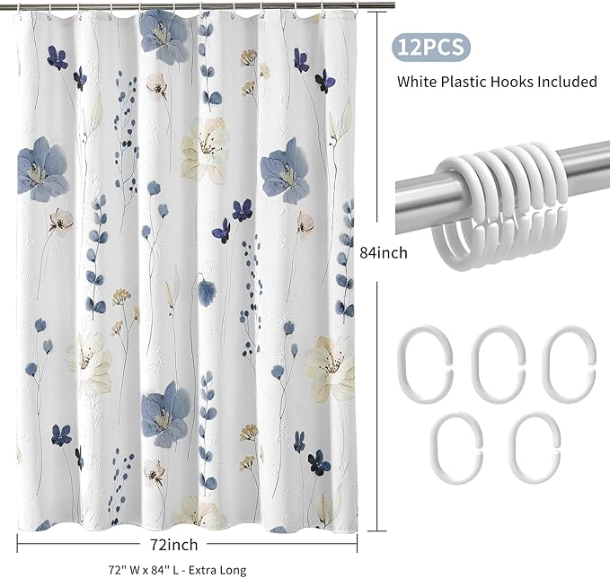 QiyI Extra Long Shower Curtain 72 x 84, Watercolor Floral Bath Curtain, 3D Embossed Butterflies Grey Flower Cloth Bathroom Curtains, Waterproof Fabric Farmhouse Textured Shower Curtain Set with Hooks