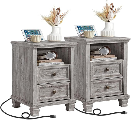 Farmhouse Nightstand Set of 2 with Charging Station, Rustic Grey Nightstand,2 Drawers End Table for Living Room,Bedside Table with Open Shelf for Bed Room,Grey