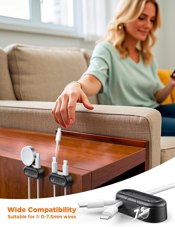 Magnetic Cable Clips - Chfeila 8Pack [Dual Slot] [360°Rotating & Twist-Lock] Cord Management, Adhesive Phone Charging Keeper, Wire Organizer Holder for Nightstand, Home Office Desk Accessories Decor