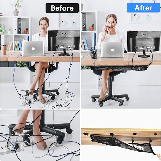Cable Management Net Under Desk Kit, ZZM Privacy Mesh Cable Manager Flexible Under Desk Wire Net Large Capacity Cord Organizer Net for Office,Standing Desk, Home, 26 X 10 Inches