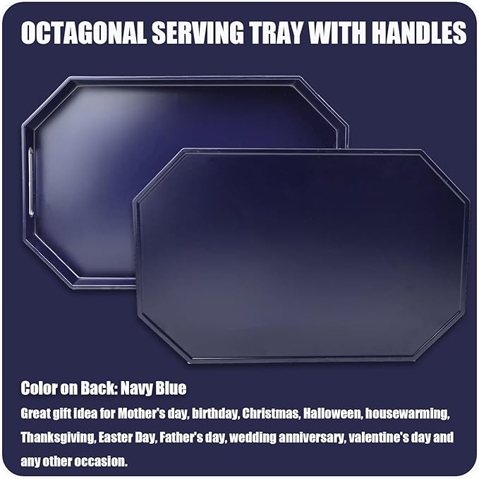 Navy Blue Octagonal Serving Tray with Handles for Coffee Table, Plastic Decorative Tray for Ottoman, Kitchen Counter, Living Room, Outdoor Lacquer Tray for Entertaining