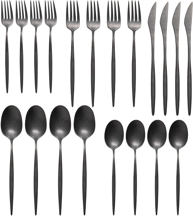 Luxury Vintage Flatware 20-Piece Set – Service for 4, Premium Stainless Steel with Weighted Handles, Aged Heirloom Finish, Dishwasher Safe, Elegant and Modern Cutlery (Vintage Black)