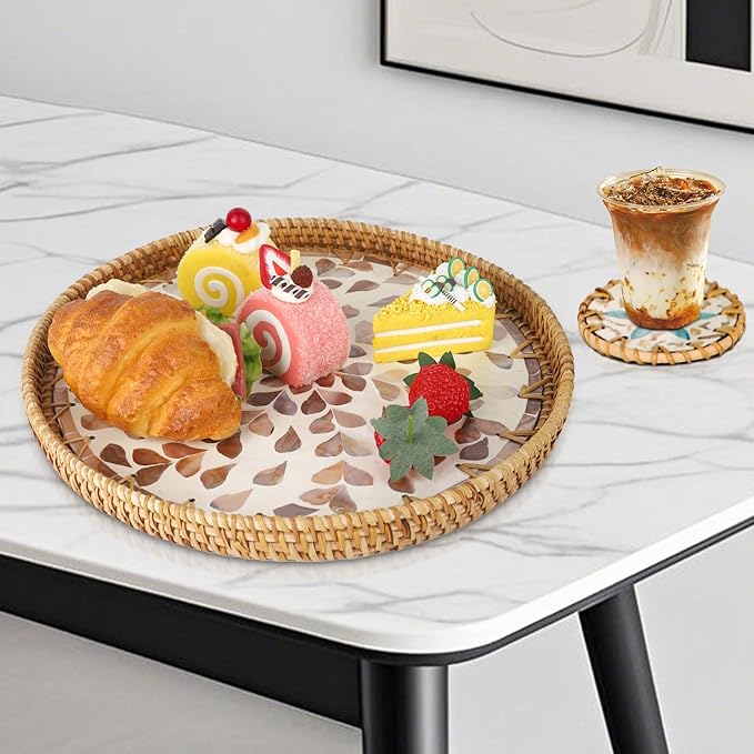 Round Rattan Serving Tray with Mother of Pearl Inlay & Coaster, Boho Wicker Basket, Decorative Coffee Table Tray for Table Decor, Storage and Display of Coffee Bread Fruit (Wicker)