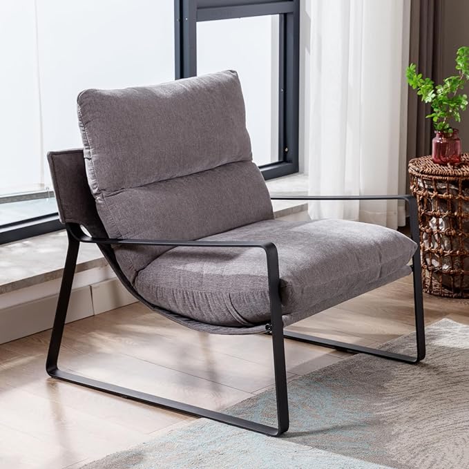 HEAH-YO Modern Accent Chair Set of 1, Linen Fabric Living Room Chair with Removable Cushion and Solid Metal Frame, Comfy Reading Chair for Bedroom, Grey